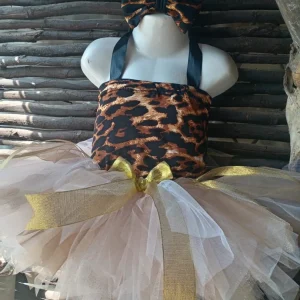 Girls Leopard Tutu Dress with Gold Bow