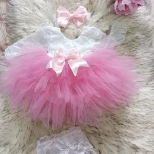 Pink Lace and Tulle Dress Set with Satin Bows for Baby Girls