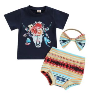 Navy Boho Cow Skull T-shirt, Bloomer and Headband